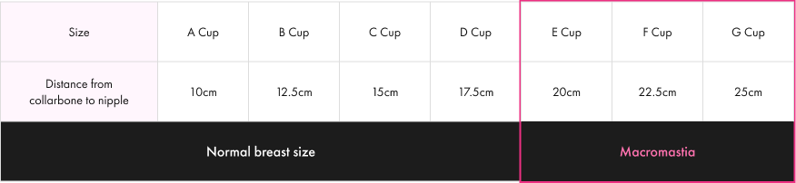 Size A Cup B Cup C Cup D Cup E Cup F Cup G Cup Distance from collarbone to nipple 10cm 12.5cm 15cm 17.5cm 20cm 22.5cm 25cm Normal breast size Macromastia